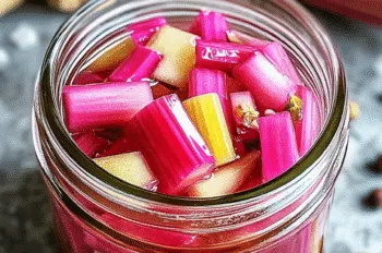 Hot brine being poured over rhubarb slices in a glass jar
