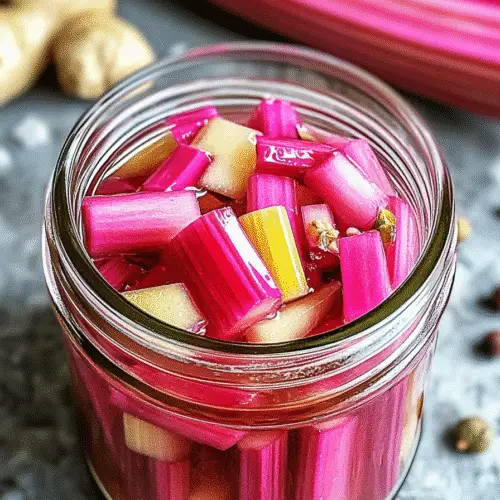 Hot brine being poured over rhubarb slices in a glass jar