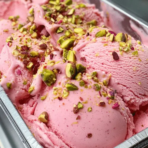 Freshly churned rosewater pistachio gelato in a metal container, garnished with chopped pistachios
