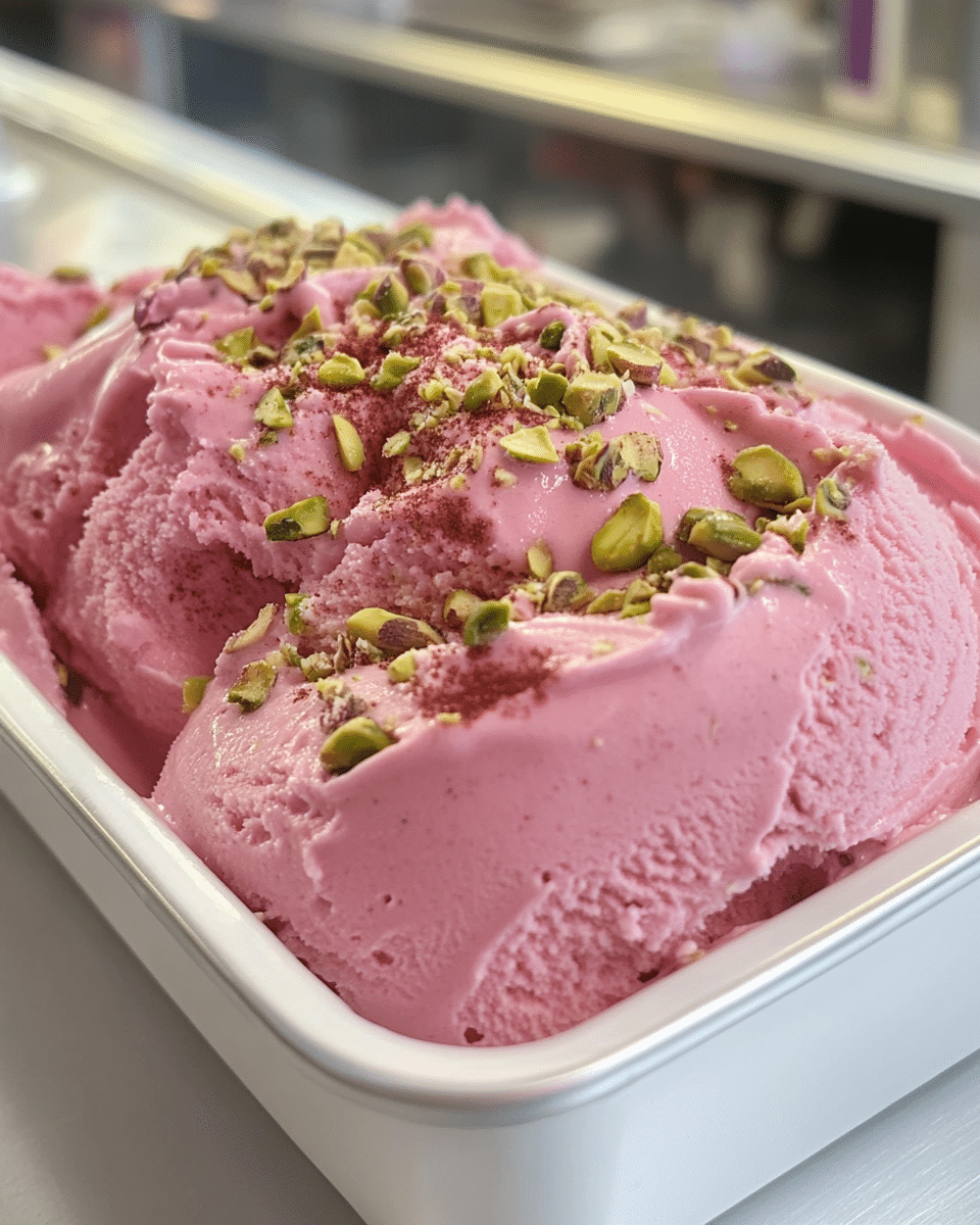 Scoops of creamy rosewater gelato in a white tub, sprinkled with green pistachio pieces and rose dust