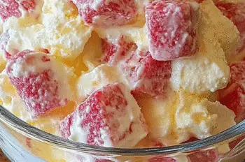 Side view of a glass dessert bowl filled with Rhubarb and Custard Eton Mess, highlighting the creamy texture and vibrant pink rhubarb pieces.