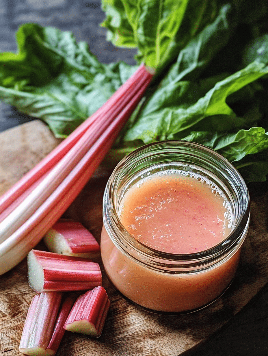 Top-down view of a jar filled with creamy pink rhubarb vinaigrette, held outdoors with fresh rhubarb stalks and leaves in the background.