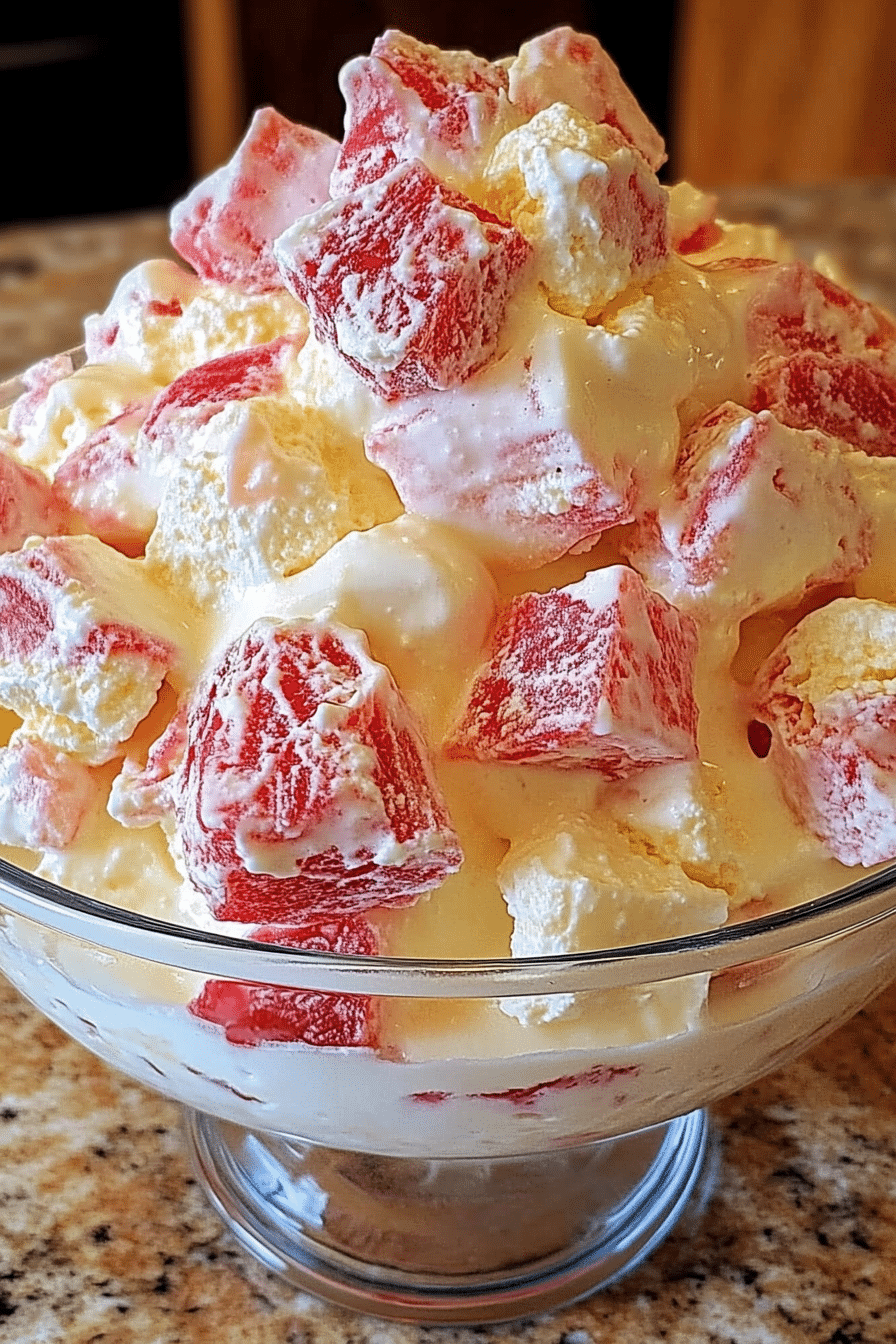 Close-up of Rhubarb and Custard Eton Mess served in a glass dish, showing chunks of roasted rhubarb, whipped cream, custard, and meringue pieces.