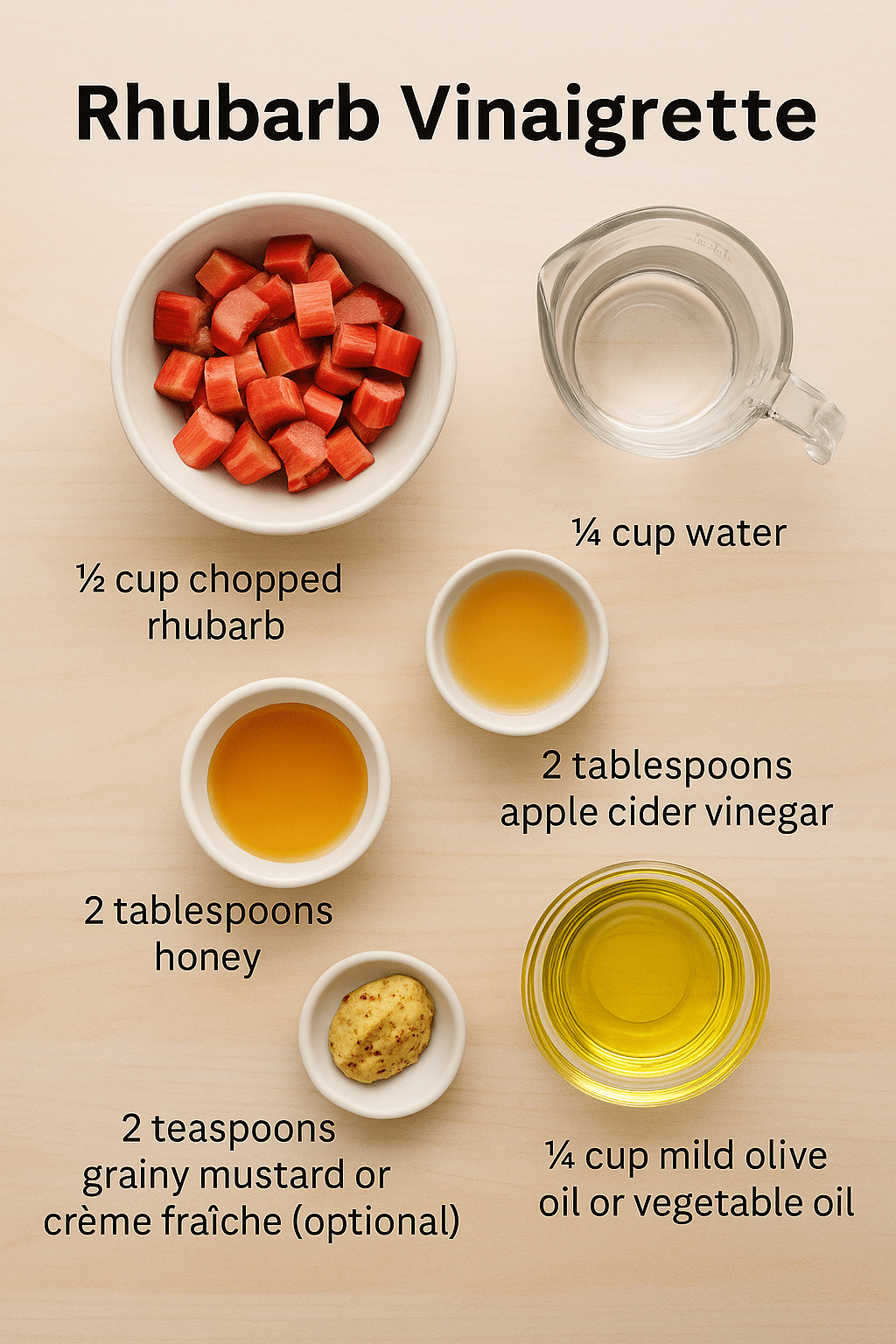 Flat lay of labeled rhubarb vinaigrette ingredients including chopped rhubarb, water, honey, apple cider vinegar, mustard, and oil on a light wood surface.
