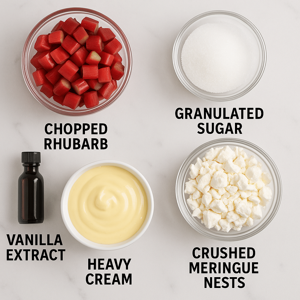 Flat lay of key ingredients for Rhubarb and Custard Eton Mess: chopped rhubarb, granulated sugar, vanilla extract, heavy cream, and crushed meringue nests in glass bowls.