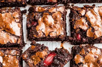 Close-up of dark chocolate rhubarb brownies showing fudgy center, shiny top, and visible chunks of baked rhubarb and chocolate.