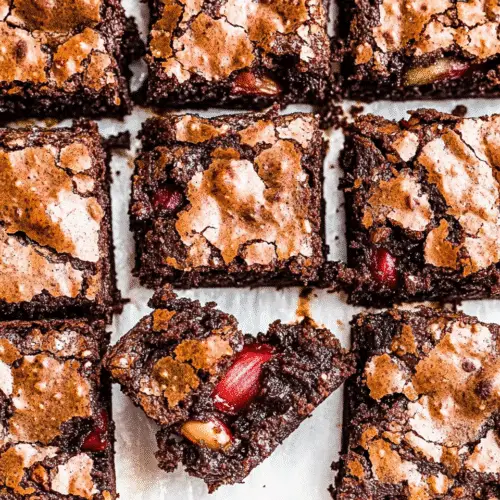 Close-up of dark chocolate rhubarb brownies showing fudgy center, shiny top, and visible chunks of baked rhubarb and chocolate.