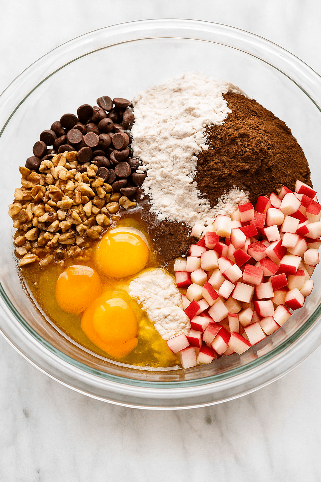 Bowl of ingredients for dark chocolate rhubarb brownies, including chopped rhubarb, eggs, cocoa powder, chocolate chips, flour, and walnuts.