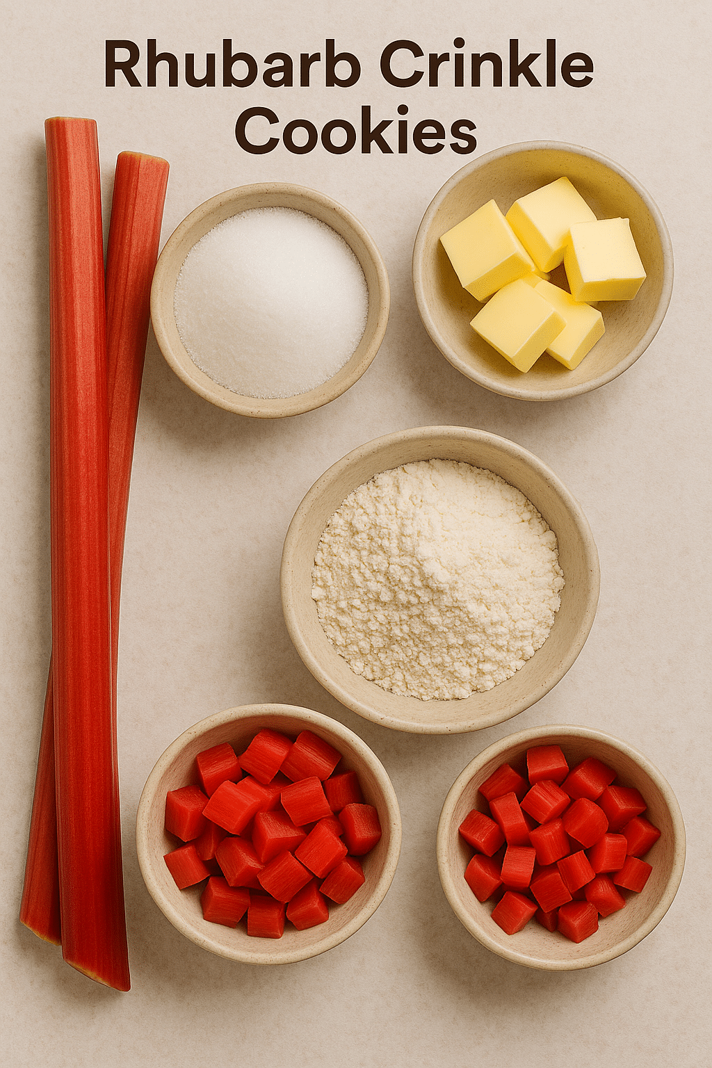 Flat lay of ingredients for rhubarb crinkle cookies including fresh rhubarb stalks, sugar, butter, flour, and chopped rhubarb in ceramic bowls