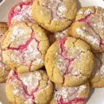 Close-up of rhubarb crinkle cookies with crackled tops and powdered sugar on a white plate