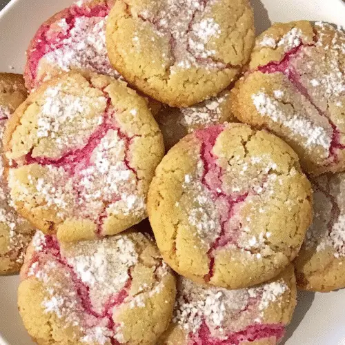 Close-up of rhubarb crinkle cookies with crackled tops and powdered sugar on a white plate