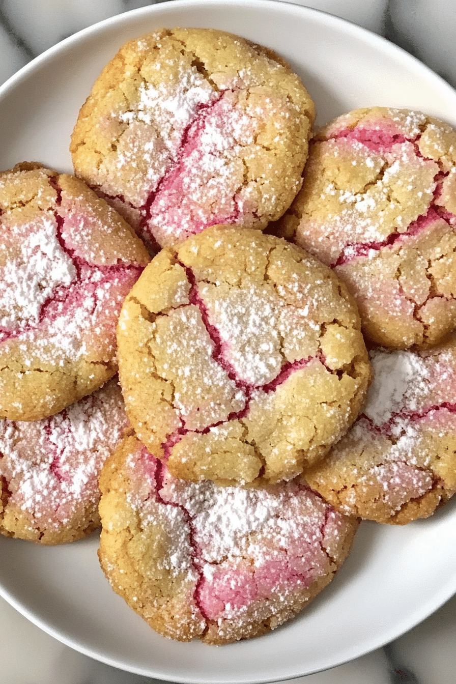 Overhead view of freshly baked rhubarb crinkle cookies arranged on a white plate with powdered sugar dusting