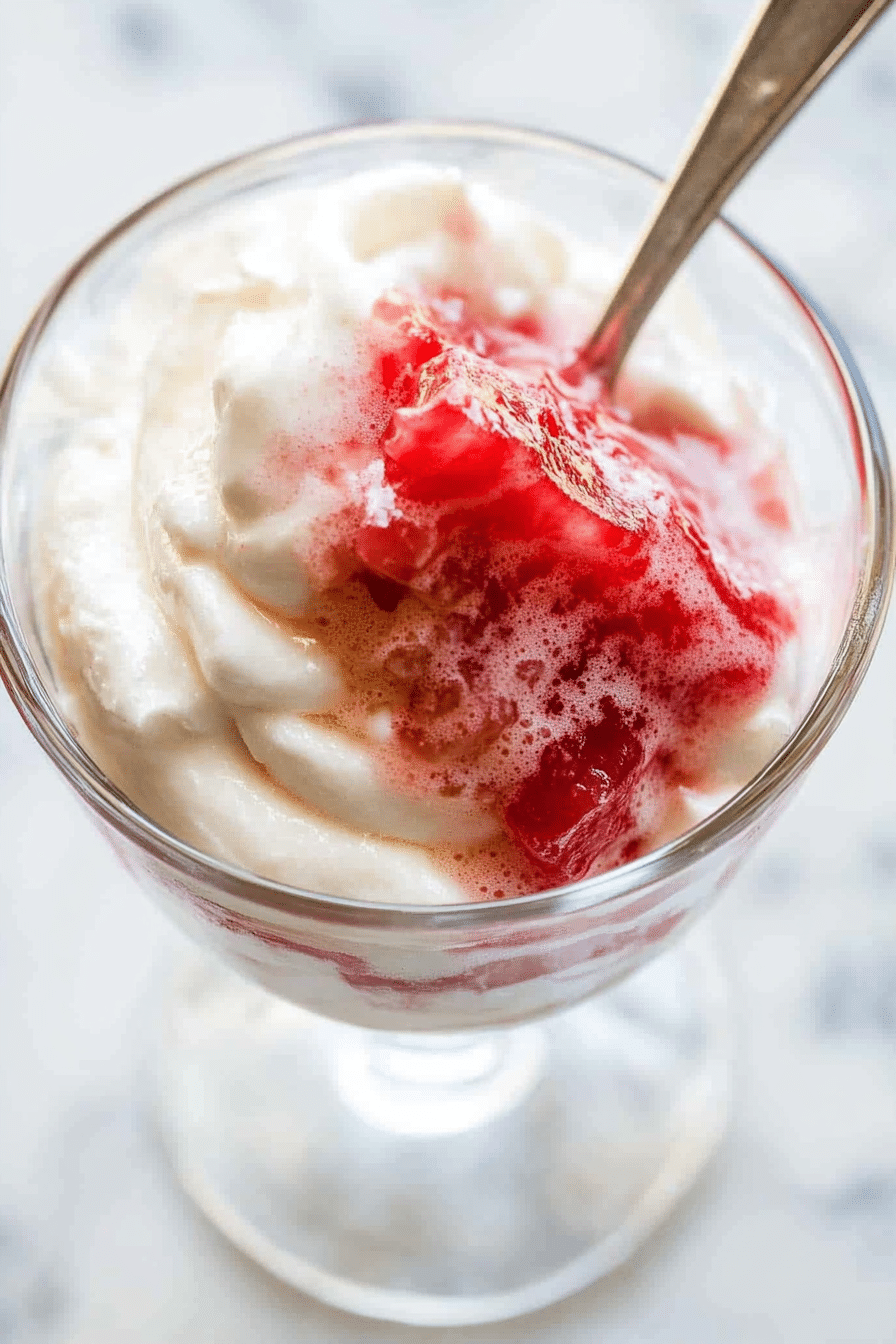 Tall glass filled with layers of whipped cream and stewed rhubarb, served as rhubarb fool dessert.