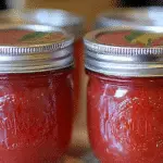 Front-focused view of a mason jar containing rhubarb jam, with other sealed jars and a label reading "Jamaican Rhubarb" visible in the softly blurred background.