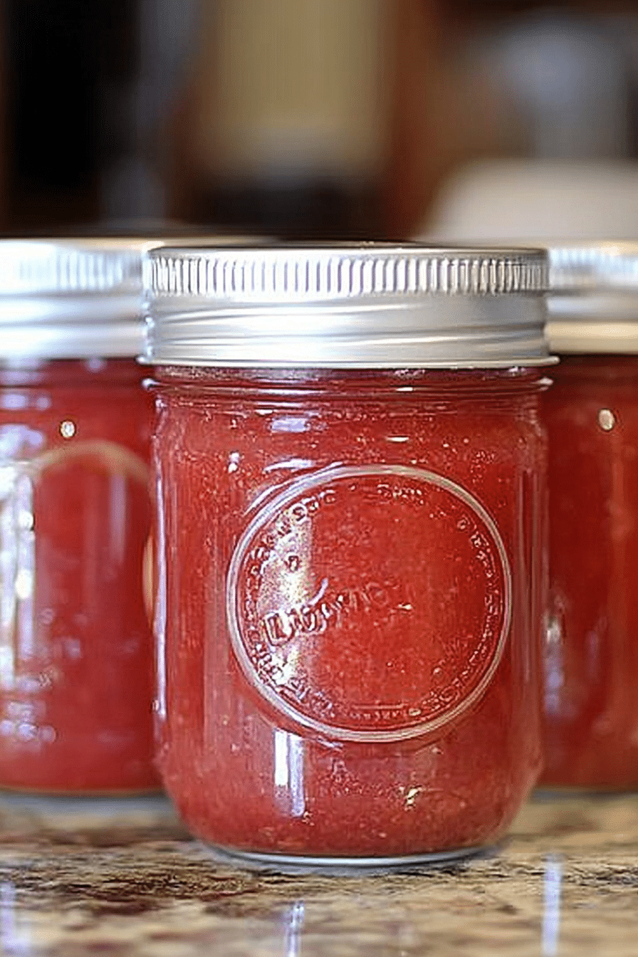 r small mason jars filled with vibrant red rhubarb jam, sealed with silver lids featuring colorful fruit illustrations on top. All jars are set on a speckled kitchen counter.