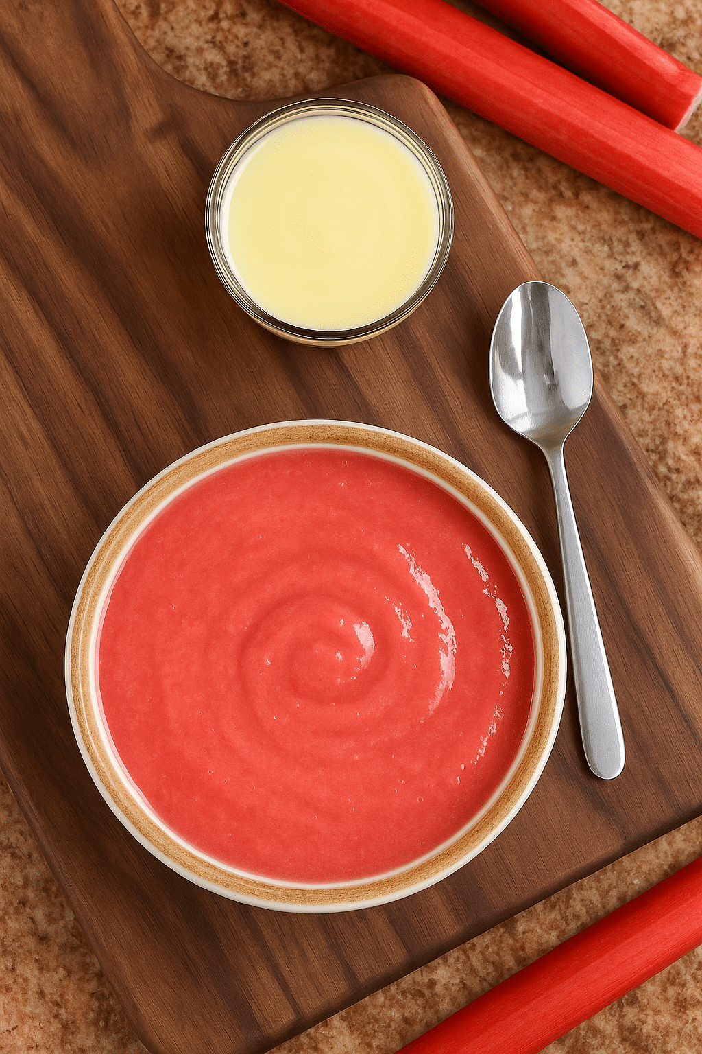 Smooth pink rhubarb sauce in a bowl next to a small glass of custard on a wooden board