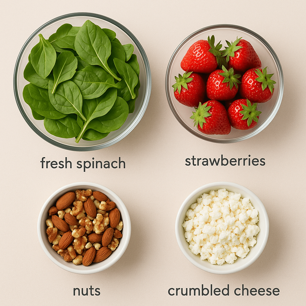 Overhead view of labeled strawberry spinach salad ingredients on a beige background. Includes bowls of fresh spinach, whole strawberries, mixed nuts (almonds and walnuts), and crumbled cheese, each clearly labeled with text.