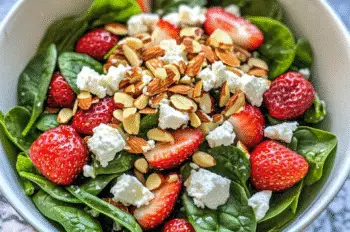 Top-down view of a colorful strawberry spinach salad in a white bowl. Includes halved strawberries, crumbled cheese, whole and sliced almonds, and fresh spinach leaves on a dark stone countertop.