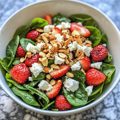 Top-down view of a colorful strawberry spinach salad in a white bowl. Includes halved strawberries, crumbled cheese, whole and sliced almonds, and fresh spinach leaves on a dark stone countertop.