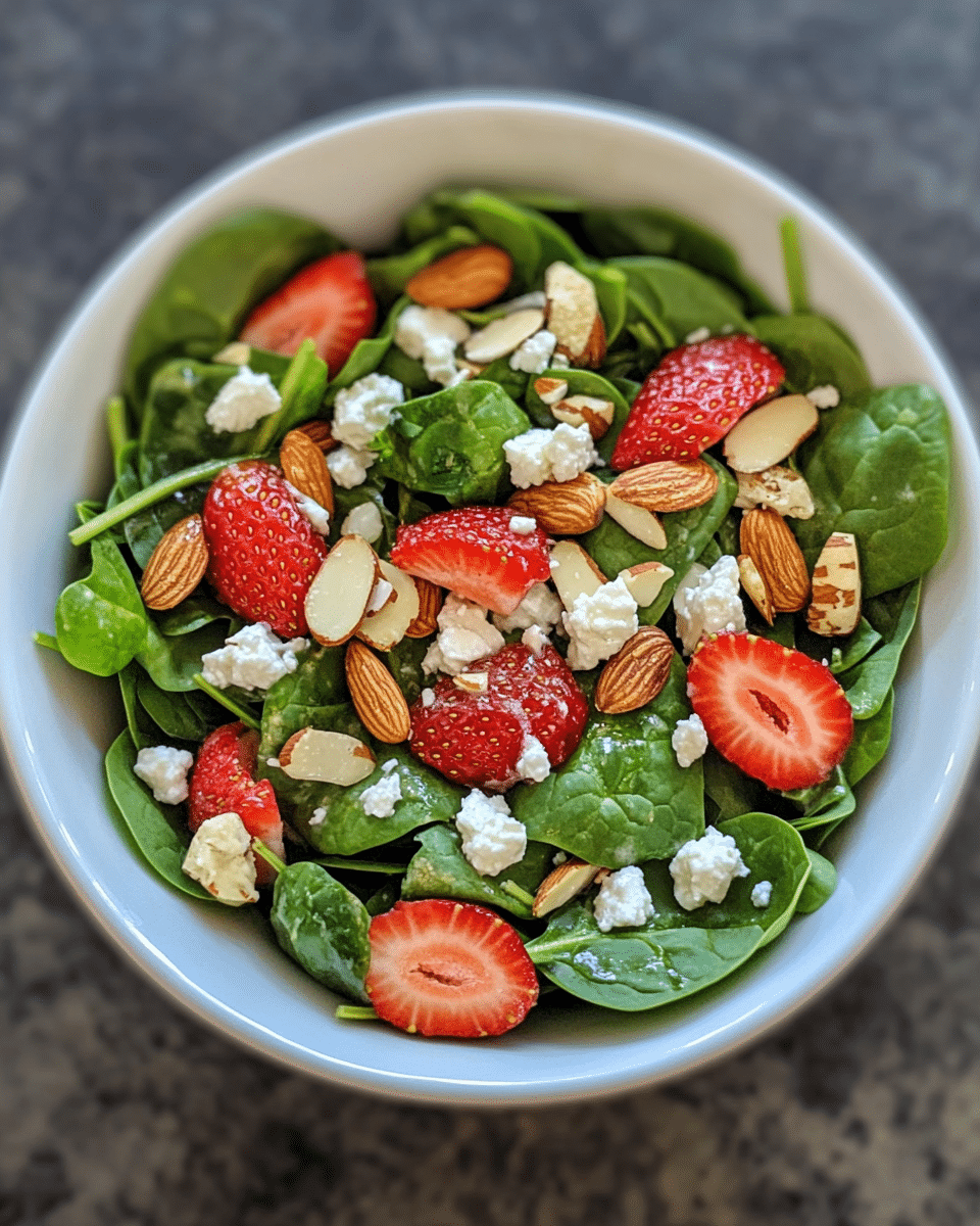 Freshly assembled strawberry spinach salad in a white bowl. The salad features whole and halved strawberries, crumbled cheese, sliced almonds, and vibrant spinach leaves, all set on a marble surface.
