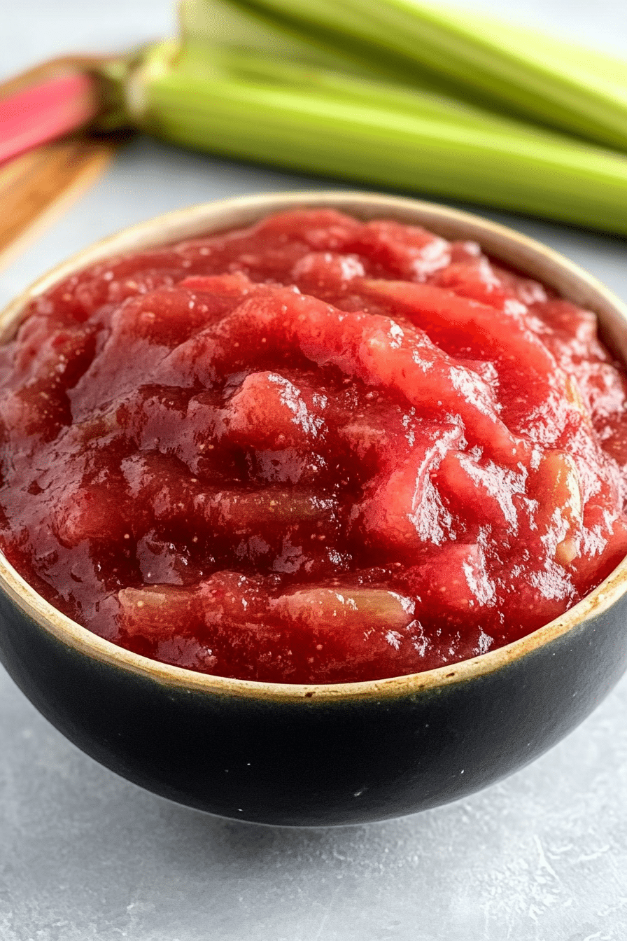 Bowl of smooth stewed rhubarb in a black ceramic dish with fresh green rhubarb stalks in the background