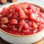 Close-up of chunky stewed rhubarb in a white ceramic bowl with visible rhubarb pieces