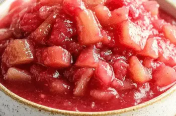 Close-up of chunky stewed rhubarb in a white ceramic bowl with visible rhubarb pieces