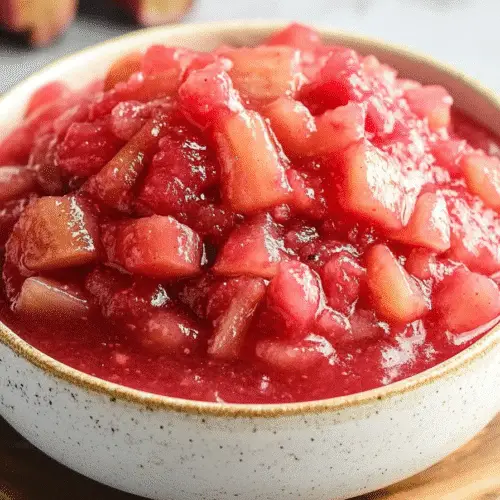 Close-up of chunky stewed rhubarb in a white ceramic bowl with visible rhubarb pieces