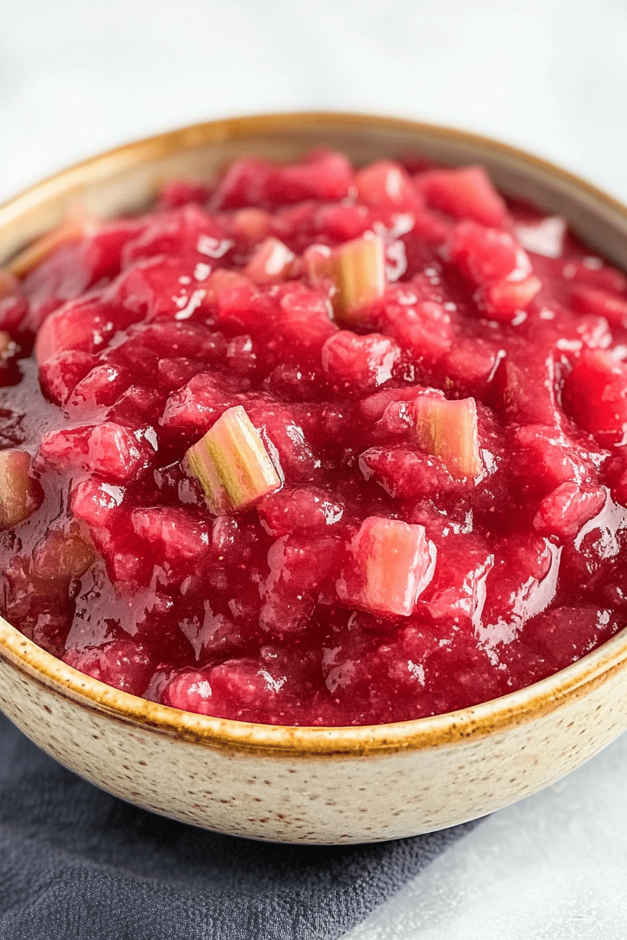 Glossy stewed rhubarb with chopped pieces in a rustic beige bowl on a dark cloth Let me know if you want these resized for Pinterest pin or featured image dimensions!