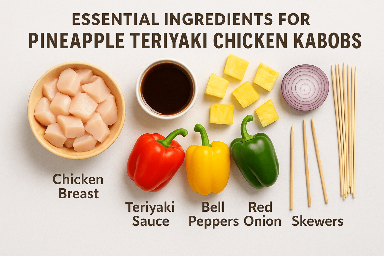 Overhead layout of the essential ingredients for pineapple teriyaki chicken kabobs, including raw cubed chicken breast, teriyaki sauce, red, yellow, and green bell peppers, pineapple chunks, red onion slices, and wooden skewers on a white surface with labeled text.
