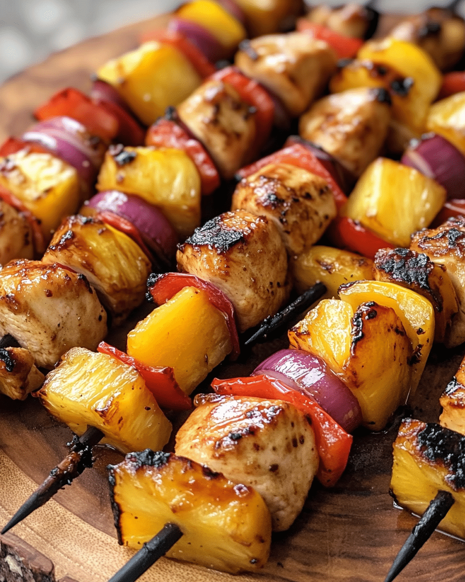 Close-up of pineapple teriyaki chicken kabobs resting on a wooden serving board. The kabobs are vibrant and glossy, showing charred edges on the pineapple and peppers with lush greenery blurred in the background.
