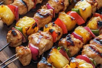 Grilled pineapple teriyaki chicken kabobs arranged on a wooden platter. The skewers are loaded with juicy chicken, caramelized pineapple chunks, red bell pepper, and red onion with visible grill marks and a shiny teriyaki glaze.