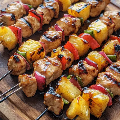 Grilled pineapple teriyaki chicken kabobs arranged on a wooden platter. The skewers are loaded with juicy chicken, caramelized pineapple chunks, red bell pepper, and red onion with visible grill marks and a shiny teriyaki glaze.