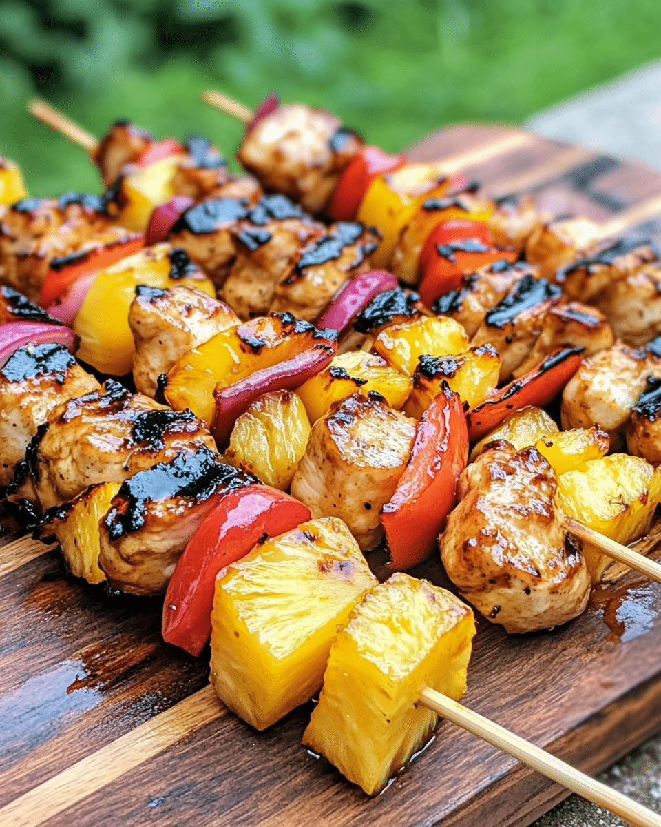 Close-up of pineapple teriyaki chicken kabobs resting on a wooden serving board. The kabobs are vibrant and glossy, showing charred edges on the pineapple and peppers with lush greenery blurred in the background.