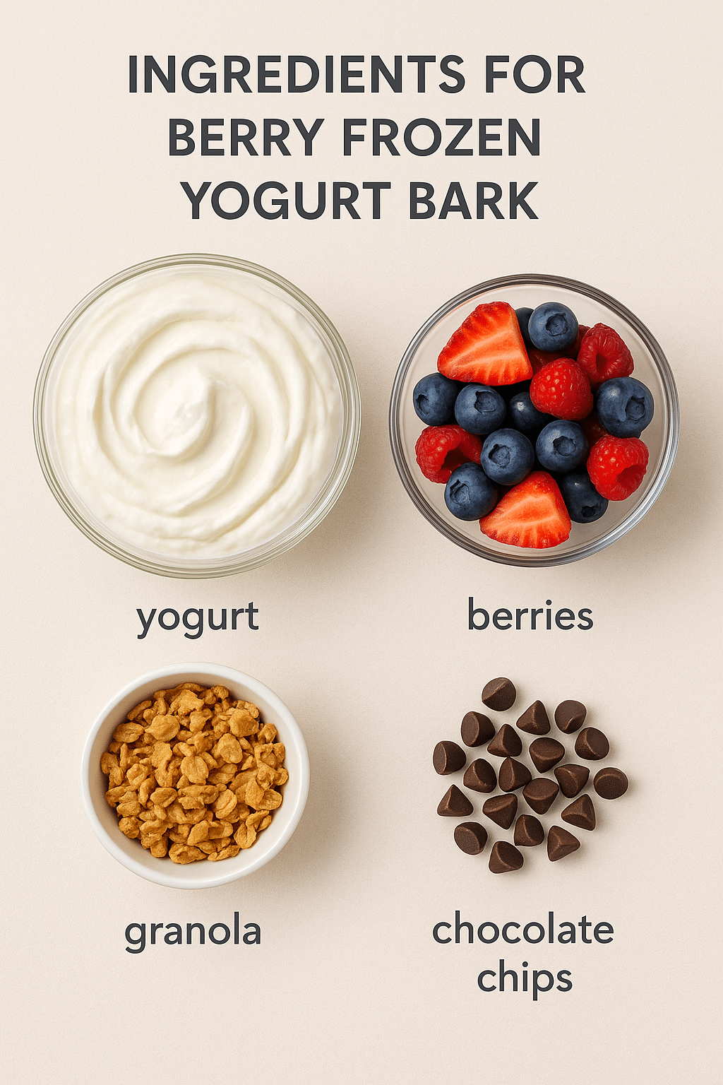 Overhead image of labeled ingredients for Berry Frozen Yogurt Bark on a beige background. Includes bowls of creamy yogurt, fresh mixed berries (strawberries, raspberries, blueberries), granola, and chocolate chips.