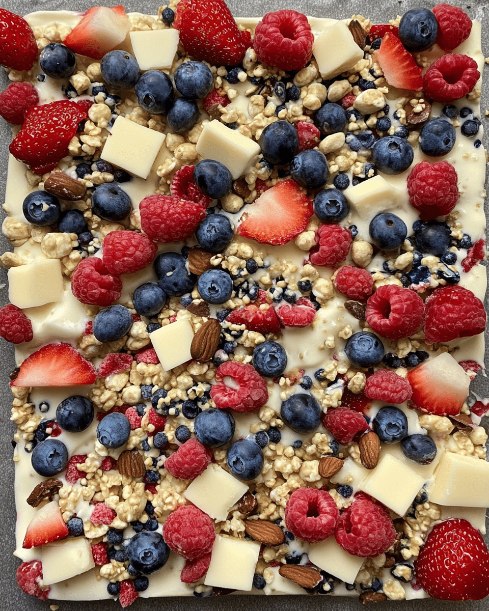 Close-up of a full sheet of Berry Frozen Yogurt Bark before being broken apart. Topped with raspberries, blueberries, strawberries, granola clusters, almonds, and chunks of white chocolate on a creamy yogurt base.