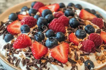 Bowl of berry yogurt parfait topped with fresh blueberries, raspberries, sliced strawberries, granola, and chocolate curls. The creamy yogurt base is swirled and vibrant berries are sharply in focus with a granite countertop background.
