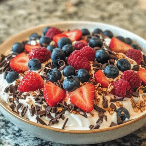 Bowl of berry yogurt parfait topped with fresh blueberries, raspberries, sliced strawberries, granola, and chocolate curls. The creamy yogurt base is swirled and vibrant berries are sharply in focus with a granite countertop background.