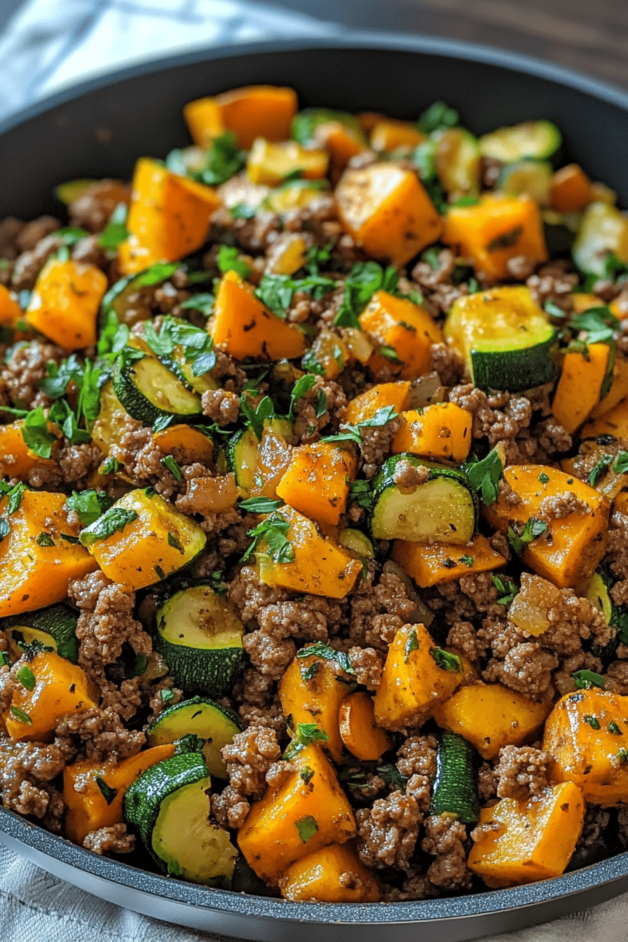 A close-up of a skillet filled with sautéed ground beef, golden-orange sweet potato cubes, and sliced zucchini. The dish is garnished with chopped fresh parsley and appears well-seasoned and hearty