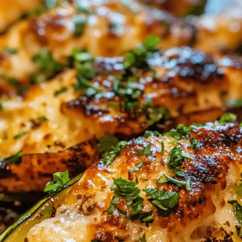 A close-up shot of golden-brown stuffed zucchini boats. The melted cheese topping is caramelized and sprinkled with finely chopped herbs, highlighting the rich texture and fresh green zucchini skin.