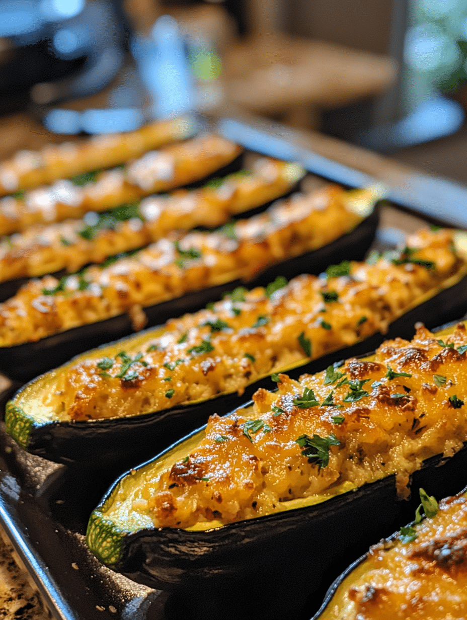 Stuffed zucchini boats arranged neatly on a dark baking tray. Each zucchini is filled with a golden, cheesy meat mixture, garnished with chopped parsley, and baked to a crispy top.