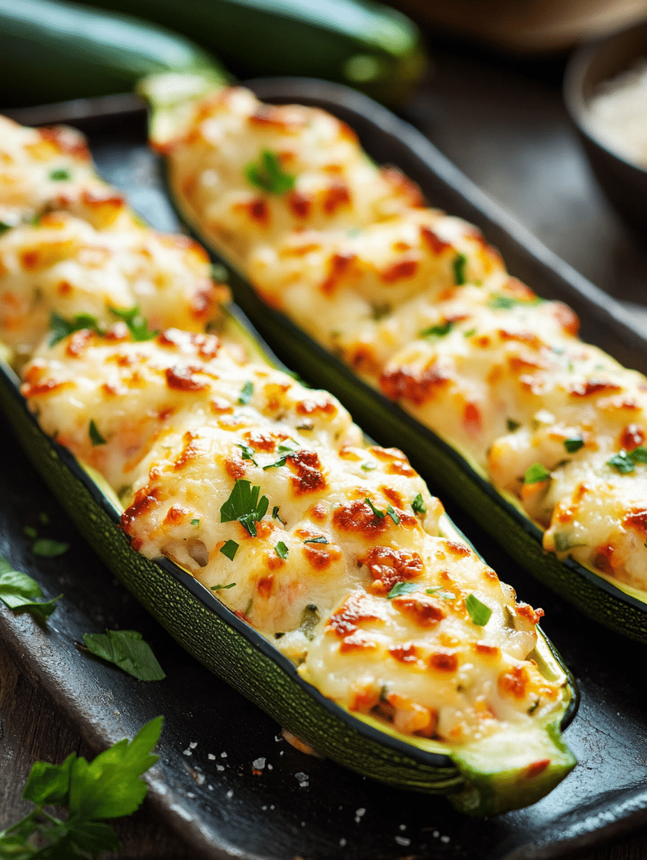 Close-up of perfectly baked zucchini boats filled with a creamy meat and cheese stuffing. The melted cheese is lightly browned and topped with fresh parsley on a rustic black serving platter.