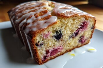 Blueberry Rhubarb Buttermilk Loaf with Lemon Glaze
