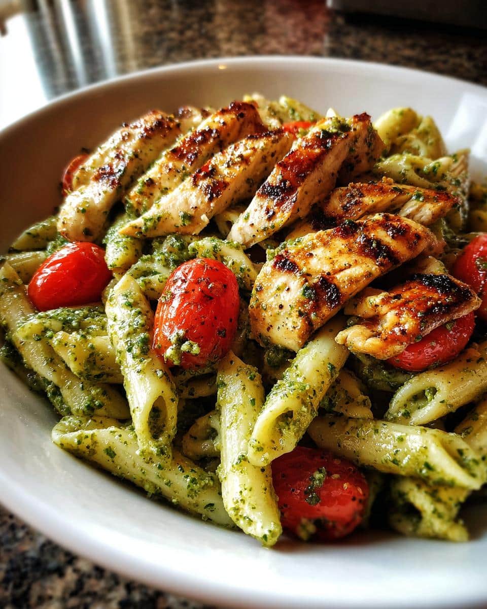 Pesto Pasta with Grilled Chicken and Cherry Tomatoes - detail 2