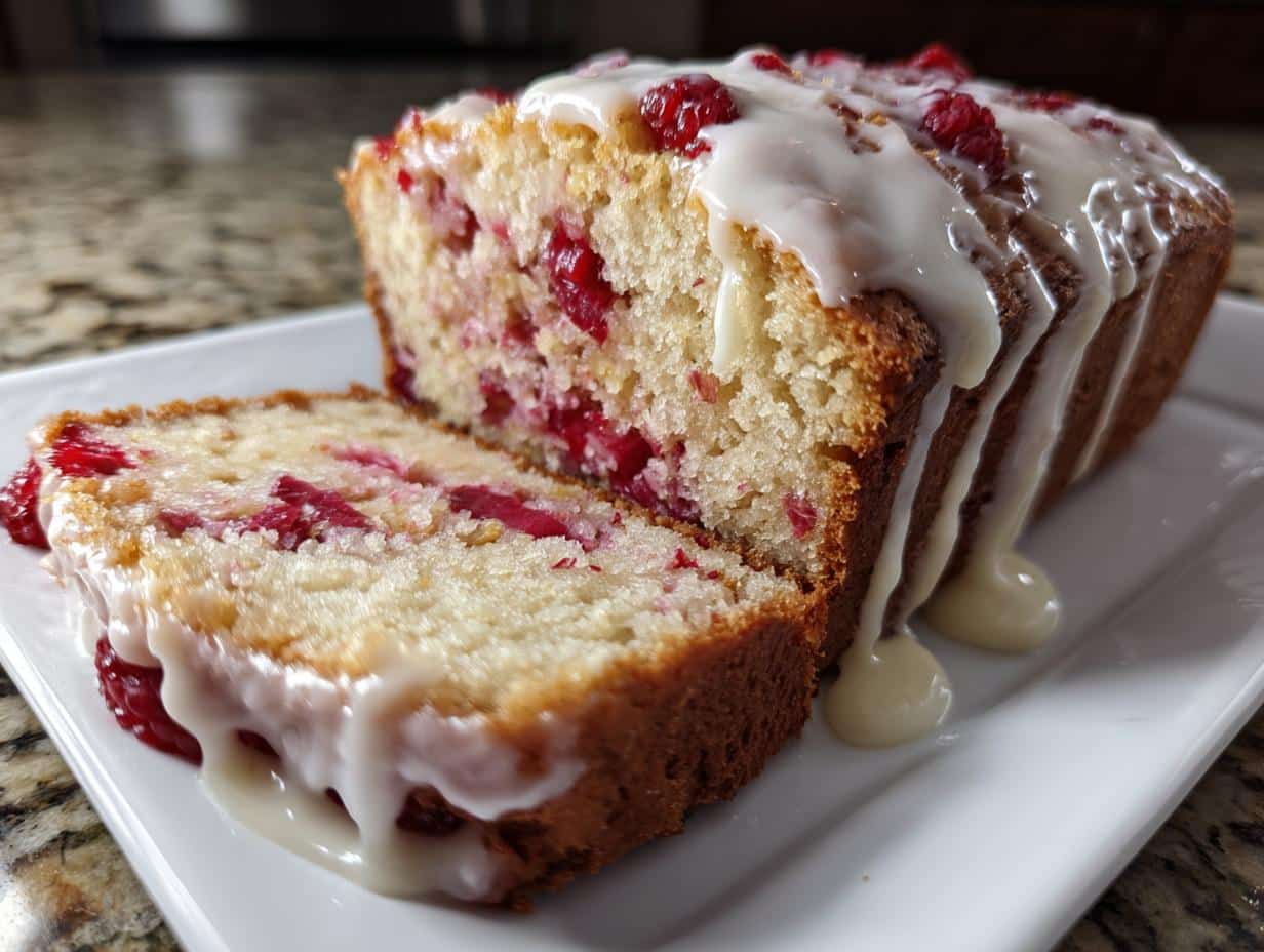 Raspberry Rhubarb Loaf with Cream Cheese Glaze - detail 1