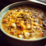Cheeseburger Soup (vegetarian option: lentil-mushroom base)