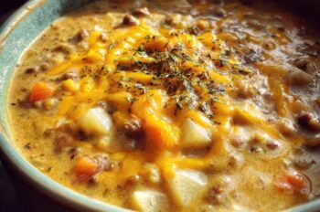 Cheeseburger Soup (vegetarian option: lentil-mushroom base)