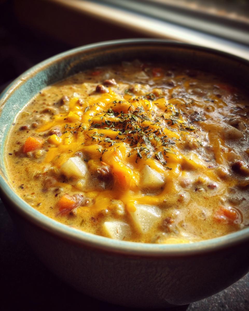 Cheeseburger Soup (vegetarian option: lentil-mushroom base)