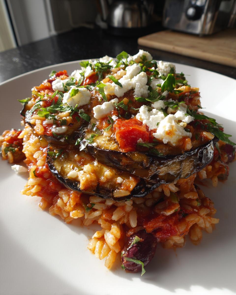 Roast Puttanesca Aubergines with Tomato Rice & Feta - detail 1