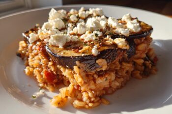 Roast Puttanesca Aubergines with Tomato Rice & Feta